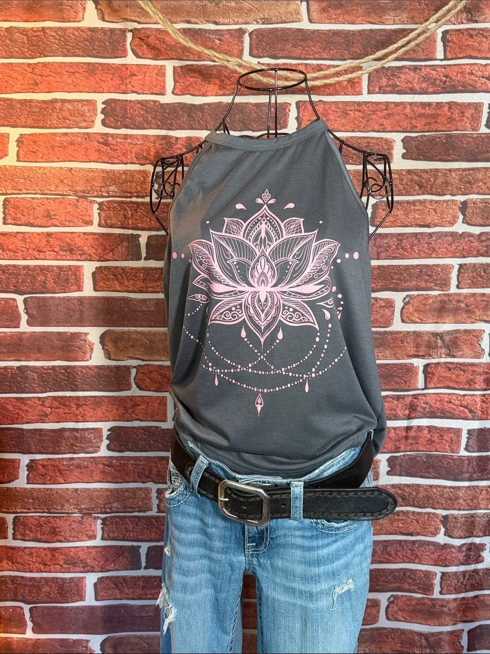 👚 Halter Style Tank with Lotus — Charcoal Gray/Pink — Sz OS (ca. L/XL) / N